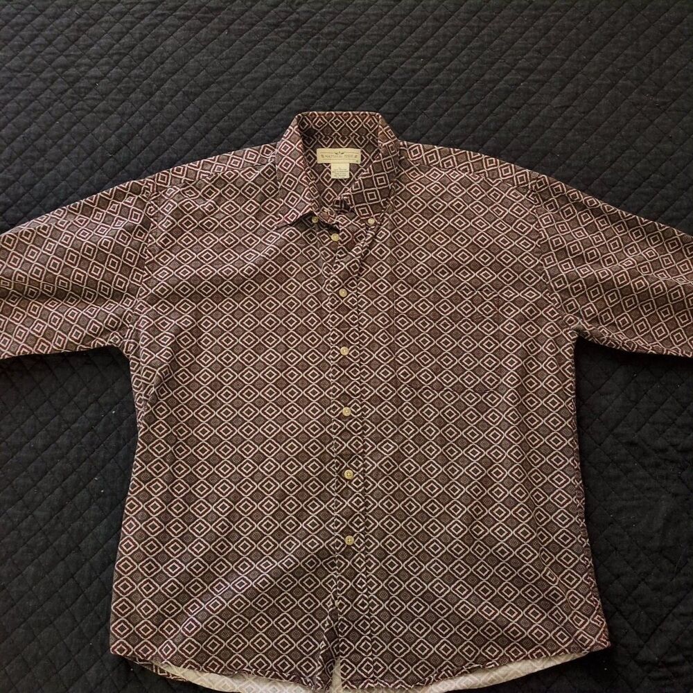 Natural Issue Button-Up Shirt Mens L Maroon Curved hemline